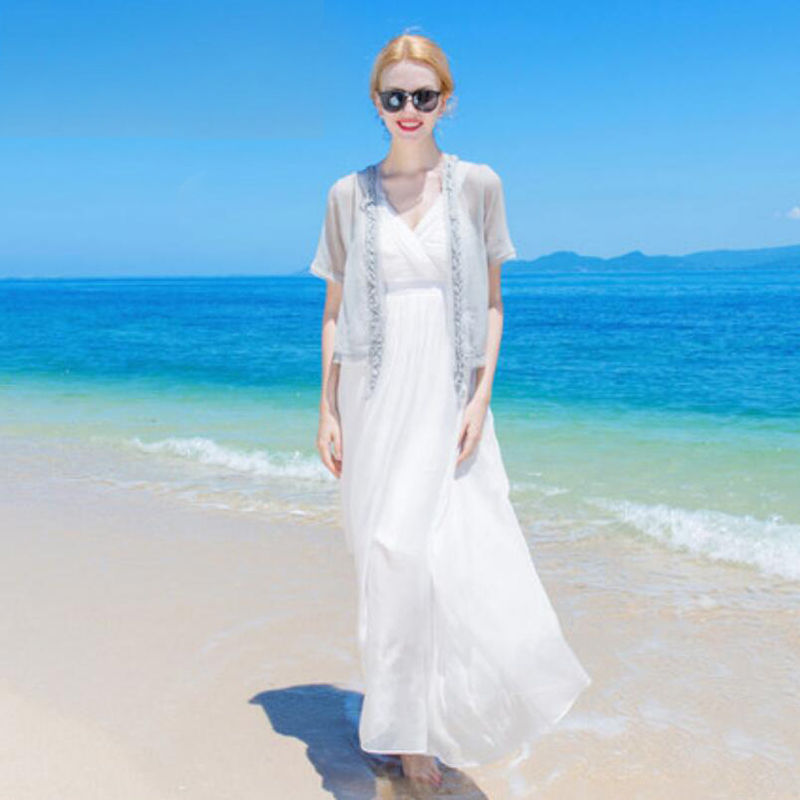 Women 100 Silk dress Beach dress 100% Natural Silk dress White Holiday summer dresses